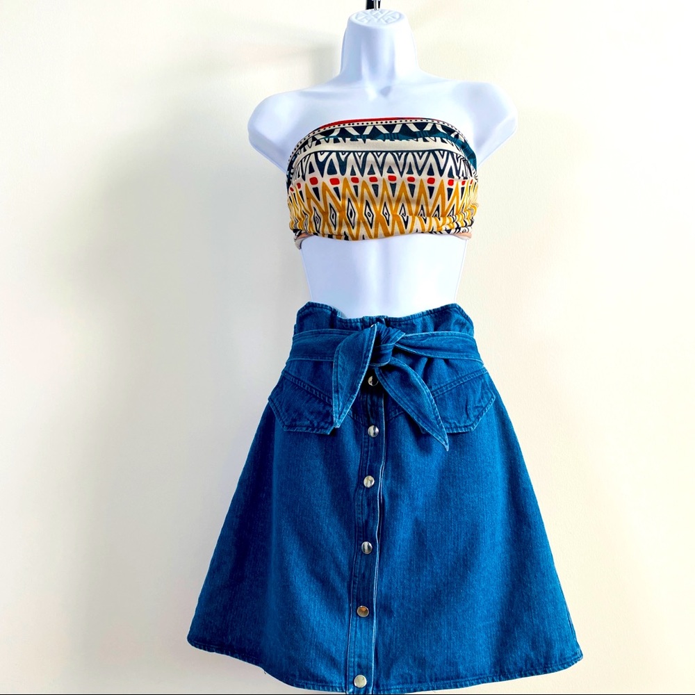 Belted Button Down Paper Bag Style Waist Jean Skirt Size M